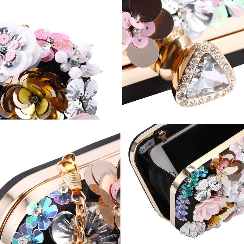 Selighting Colorful Floral Clutch Evening Bags for Women Formal Beaded Wedding Purse Prom Cocktail Party Handbags Black - Image 5